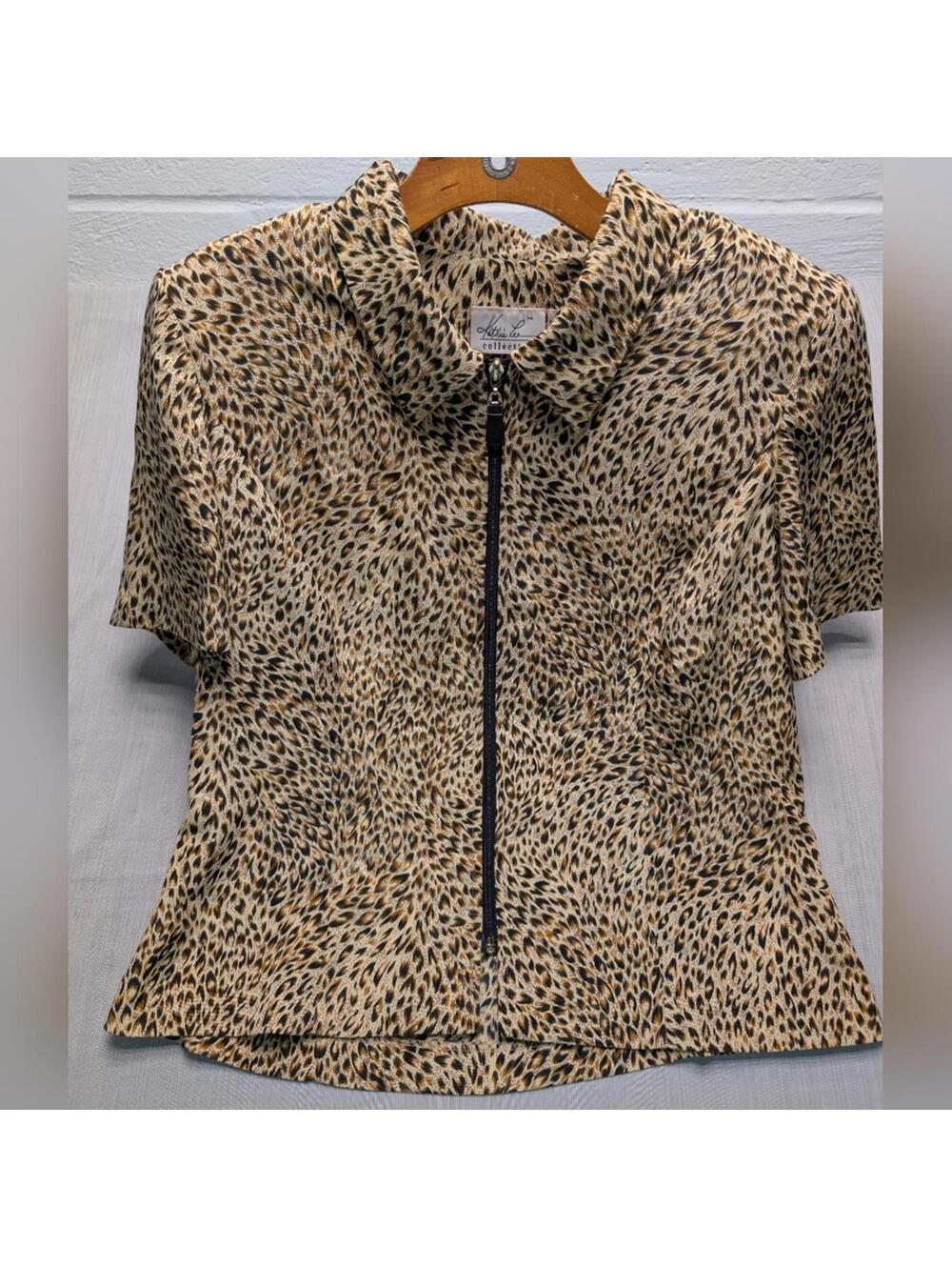 Kathie Lee Women's Size 12 Blouse Brown Animal Print, Collar, Full Zip